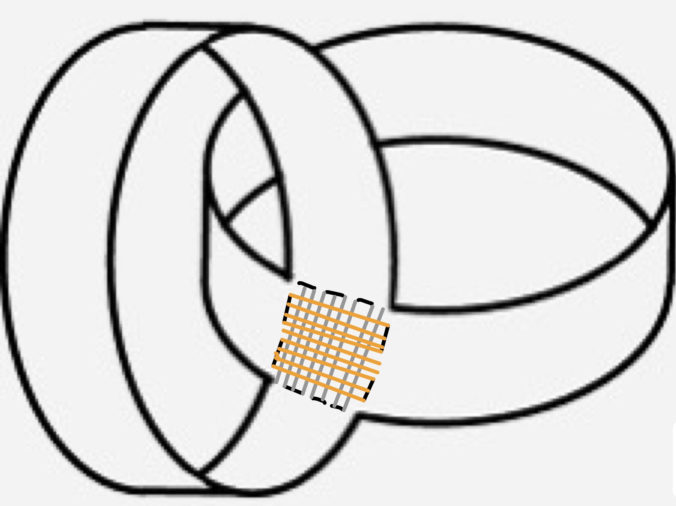 Two paper rings glued together in a square patch. The square has a cross section showing how the fibres of each ring is glued to the other.