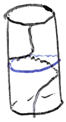 A cylinder with a blue circle around it and a curve that runs down the side, wrapping once around the tube where it meets the circle.